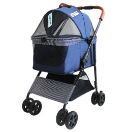 Portable Dog Stroller Four-Wheeled, One Click Quick Folding (Color: Blue)