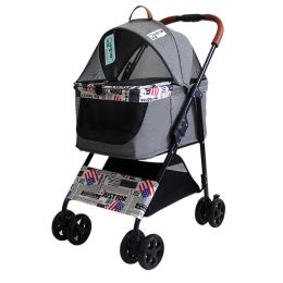 Portable Dog Stroller Four-Wheeled, One Click Quick Folding (Color: Gray)