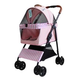 Portable Dog Stroller Four-Wheeled, One Click Quick Folding (Color: Pink)