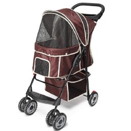 Pet Dog Stroller Trolley, Foldable Travel Carriage with Wheels Zipper Entry Cup Holder Storage Basket, Pushchair Pram Jogger Cart (Color: Brown)