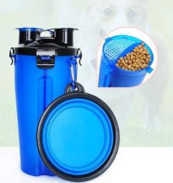 Storage Pet Food and Water Cup Feeding Dogs Out Portable Dog Cups Silicone Collapsible Water Bowl (Color: Blue)