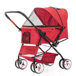 Four Wheel Folding Pet Stroller, Dog Jogger Travel Cats Carrier Adjustable Canopy Storage Brake Mesh Window (Color: Red)