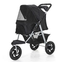 Three Wheel Folding Pet Stroller, Dog Jogger Travel Cats Carrier Adjustable Canopy Storage Brake Mesh Window (Color: Black)