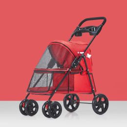 Pet Dog Stroller, Quick Folding, Shockproof with 2 Front Swivel Wheels & Rear Brake Wheels, Cup & Storage Bags Holder, Puppy Jogger Carrier (Color: Red)
