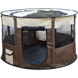 Portable Pet Soft Playpen, Pop up Tent Indoor & Outdoor Use Durable Paw Kennel Cage, Waterproof Bottom Removable Top Puppy Pen (Color: Brown)