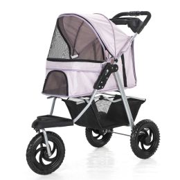 Three Wheel Folding Pet Stroller, Dog Jogger Travel Cats Carrier Adjustable Canopy Storage Brake Mesh Window (Color: lavender)