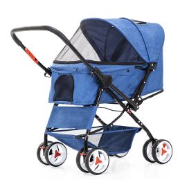 Four Wheel Folding Pet Stroller, Dog Jogger Travel Cats Carrier Adjustable Canopy Storage Brake Mesh Window (Color: Blue)