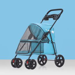 Pet Dog Stroller, Quick Folding, Shockproof with 2 Front Swivel Wheels & Rear Brake Wheels, Cup & Storage Bags Holder, Puppy Jogger Carrier (Color: Blue)