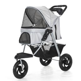 Three Wheel Folding Pet Stroller, Dog Jogger Travel Cats Carrier Adjustable Canopy Storage Brake Mesh Window (Color: Gray)