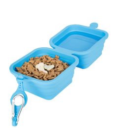 Silicone Collapsible Pet Bowl Double Portable Travel Bowl Equipped with Aluminum Hook Clip (Color: Blue)