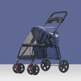 Pet Dog Stroller, Quick Folding, Shockproof with 2 Front Swivel Wheels & Rear Brake Wheels, Cup & Storage Bags Holder, Puppy Jogger Carrier (Color: Dark Blue)