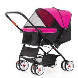 Four Wheel Folding Pet Stroller, Dog Jogger Travel Cats Carrier Adjustable Canopy Storage Brake Mesh Window (Color: Pink)